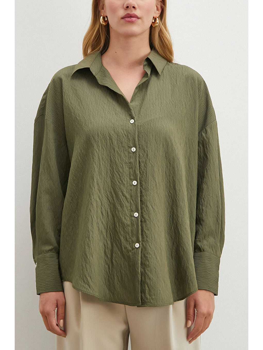 Çizgili Viskon Gömlek Haki-1