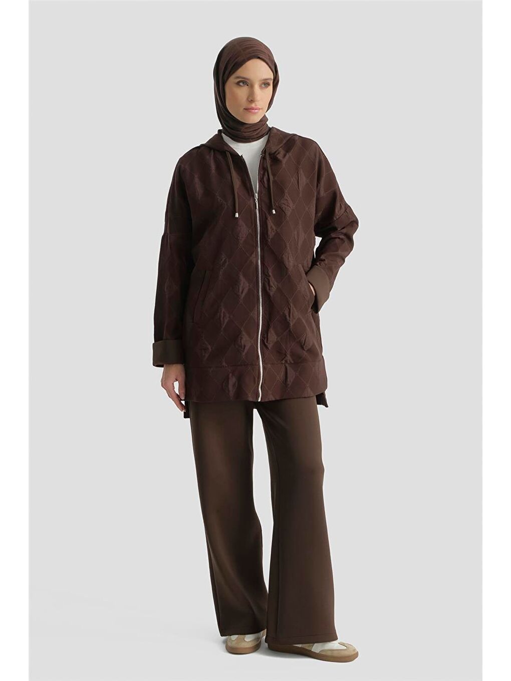 Kahverengi Desenli Kapüşonlu Relax Takım Kahve-2