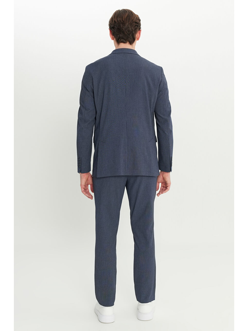 Erkek Lacivert Ekstra Slim Fit Dar Kesim Çizgili Gofre Desenli Kırlangıç Yaka Takım Elbise-6