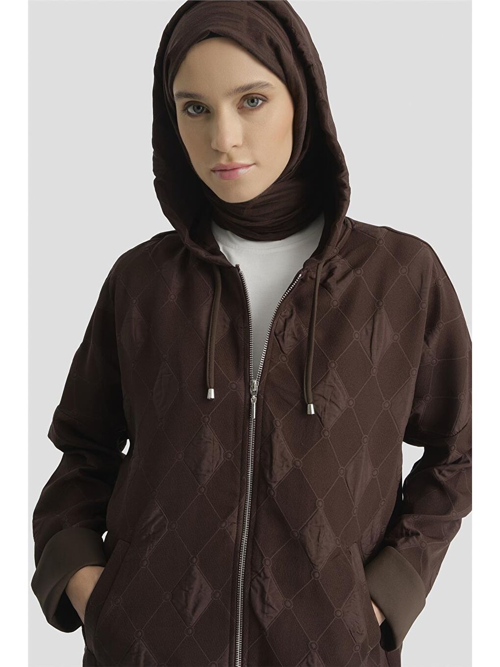 Kahverengi Desenli Kapüşonlu Relax Takım Kahve-4