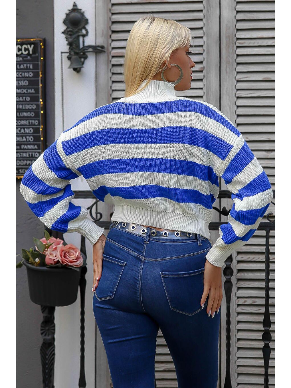 Kadın Gece Mavisi Yarım Balıkçı Yaka Uzun Kol Çizgili Crop Regular Fit Casual Akrilik Triko Kazak-1