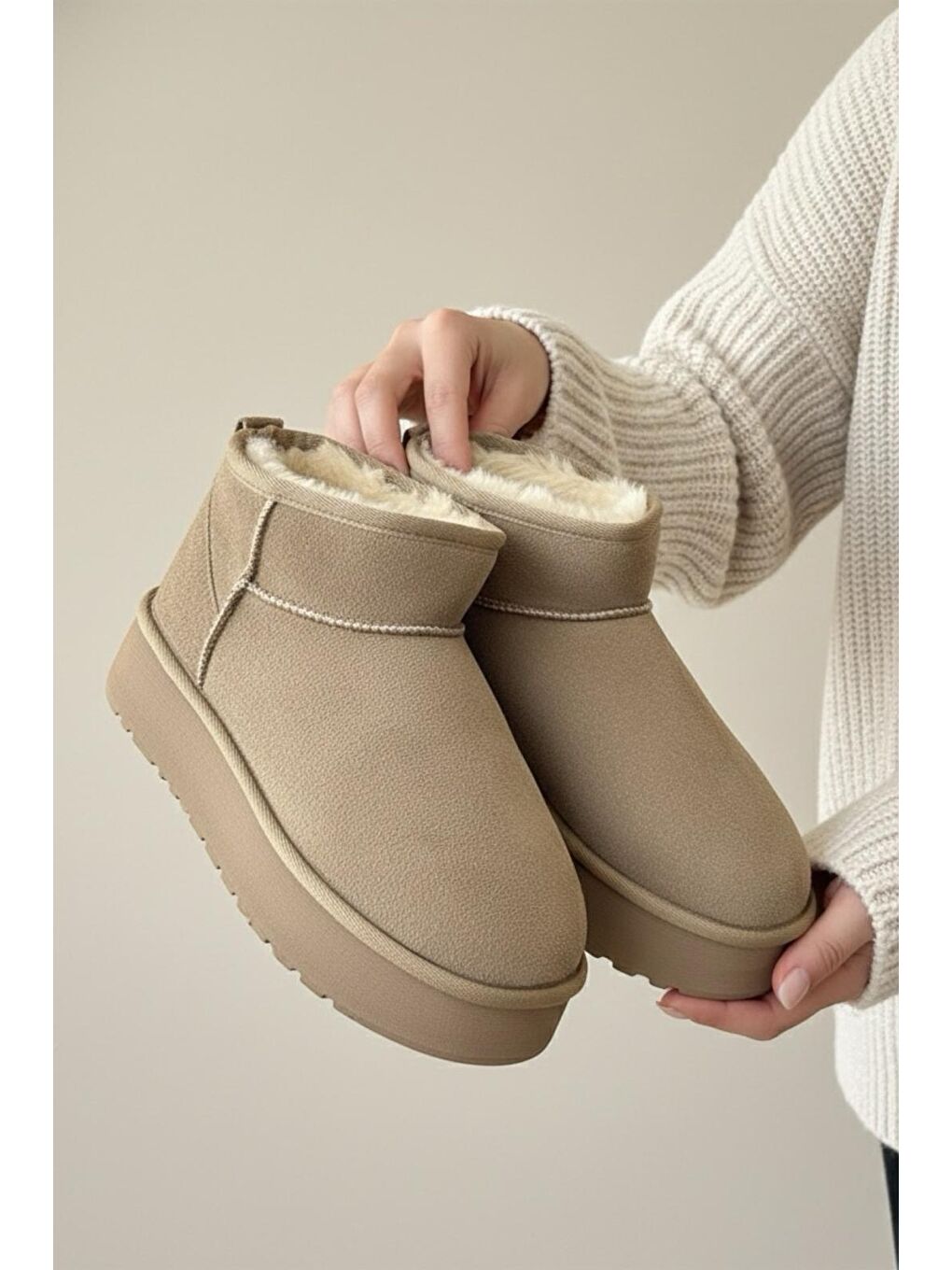 Bej Frz F2150 Süet Içi Kürklü Yünlü Kalın Tabanlı Yüksek Topuklu Kadın Bot-2