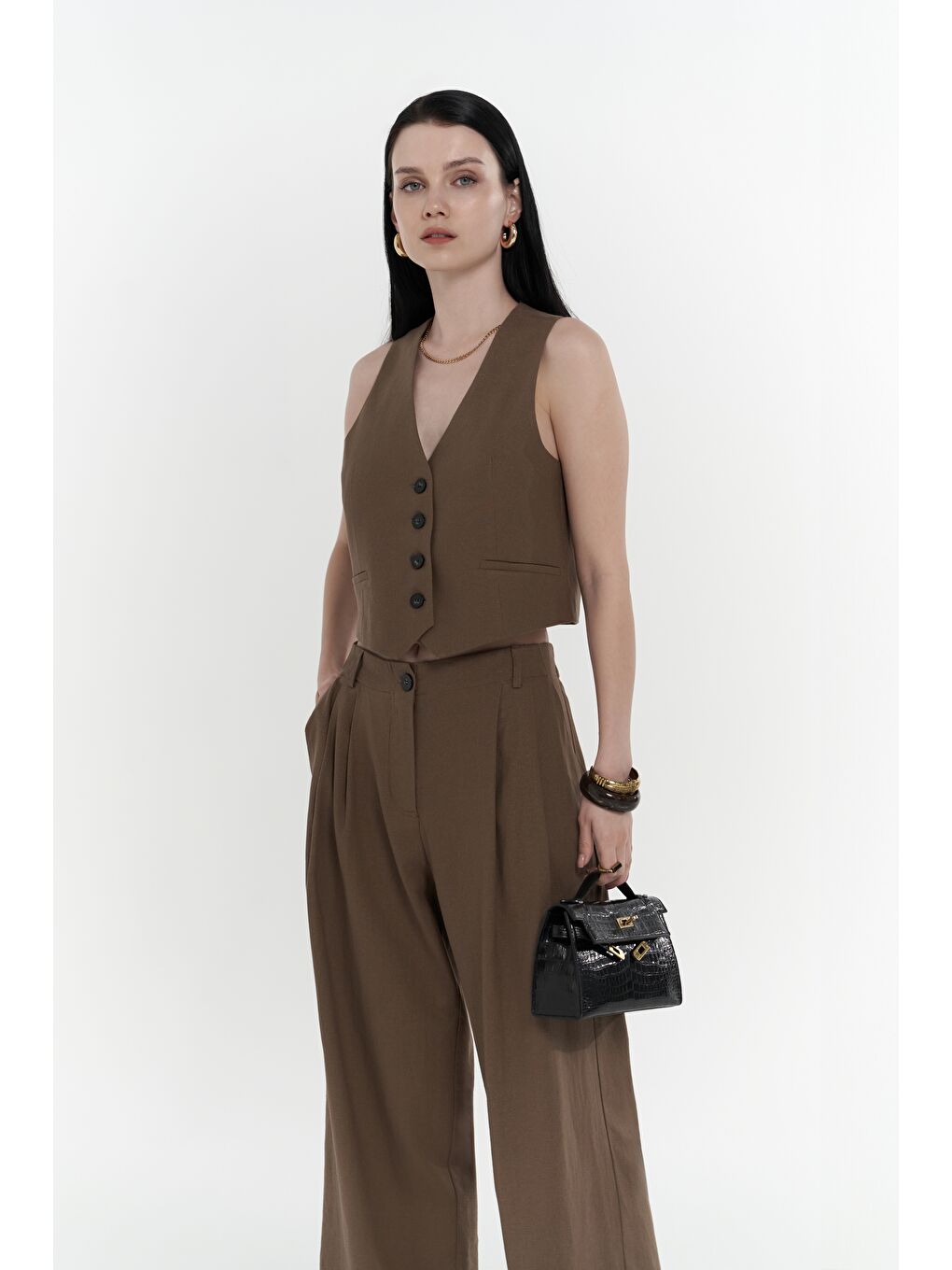 Kahverengi Anka Keten Kahve Yelek Pantolon Takım