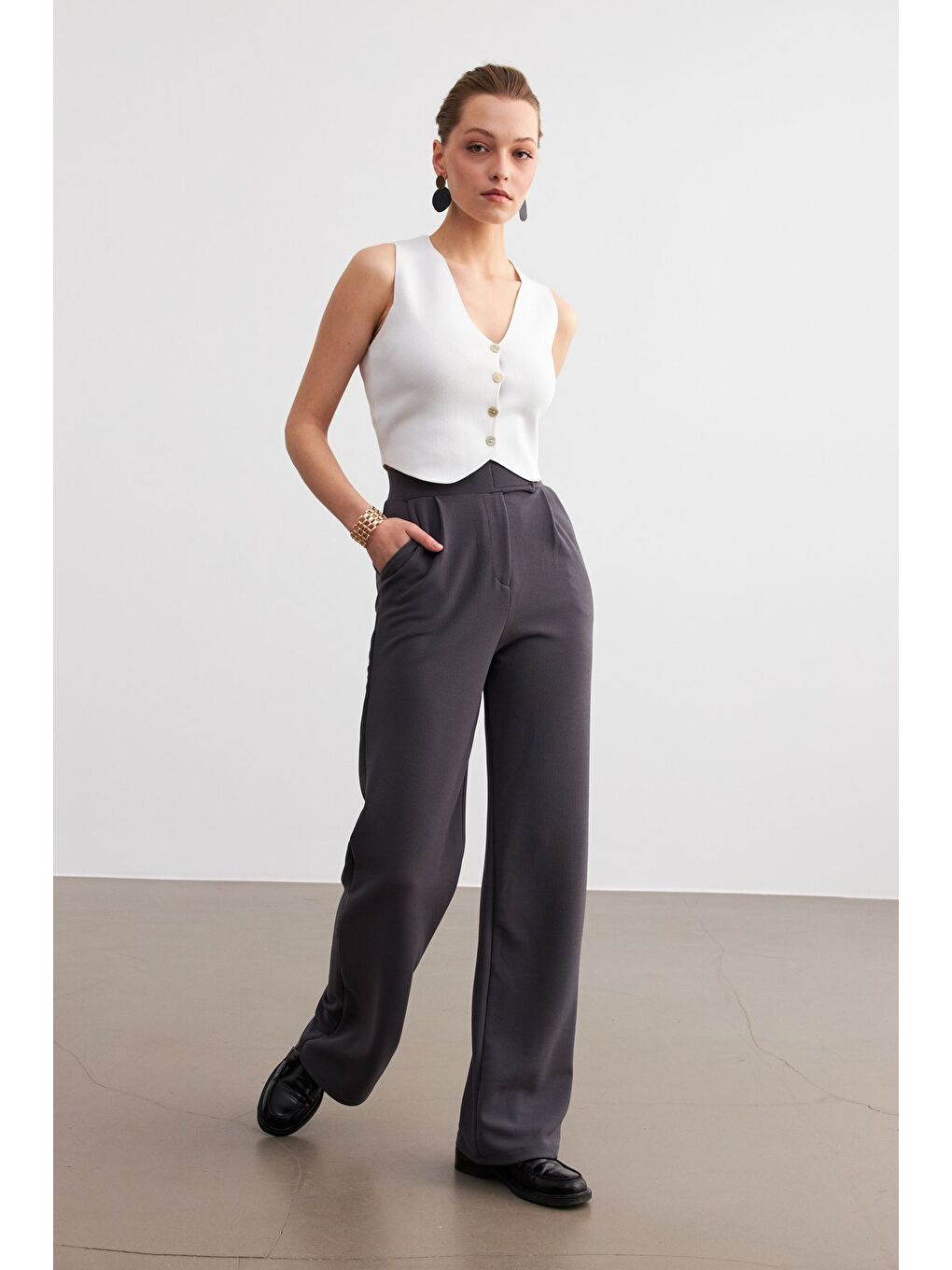 Gri Kadın Antrasit Elastanlı  Kapamalı Palazzo Pantolon