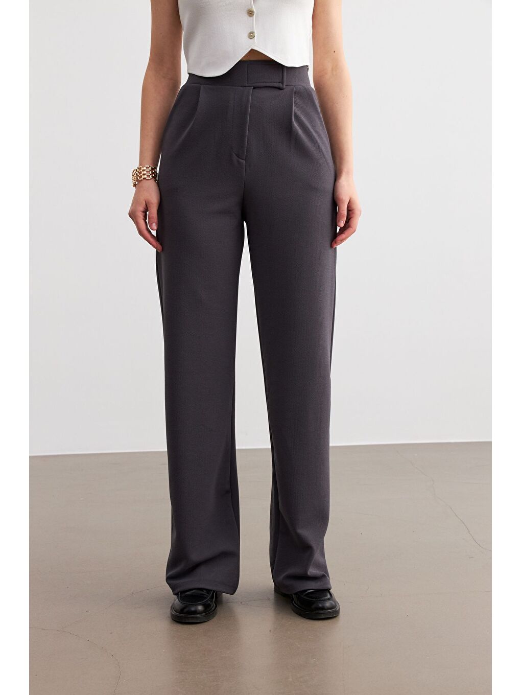 Gri Kadın Antrasit Elastanlı  Kapamalı Palazzo Pantolon-1