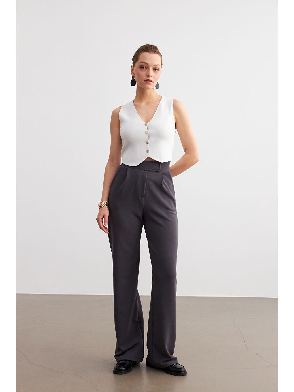 Gri Kadın Antrasit Elastanlı  Kapamalı Palazzo Pantolon-2