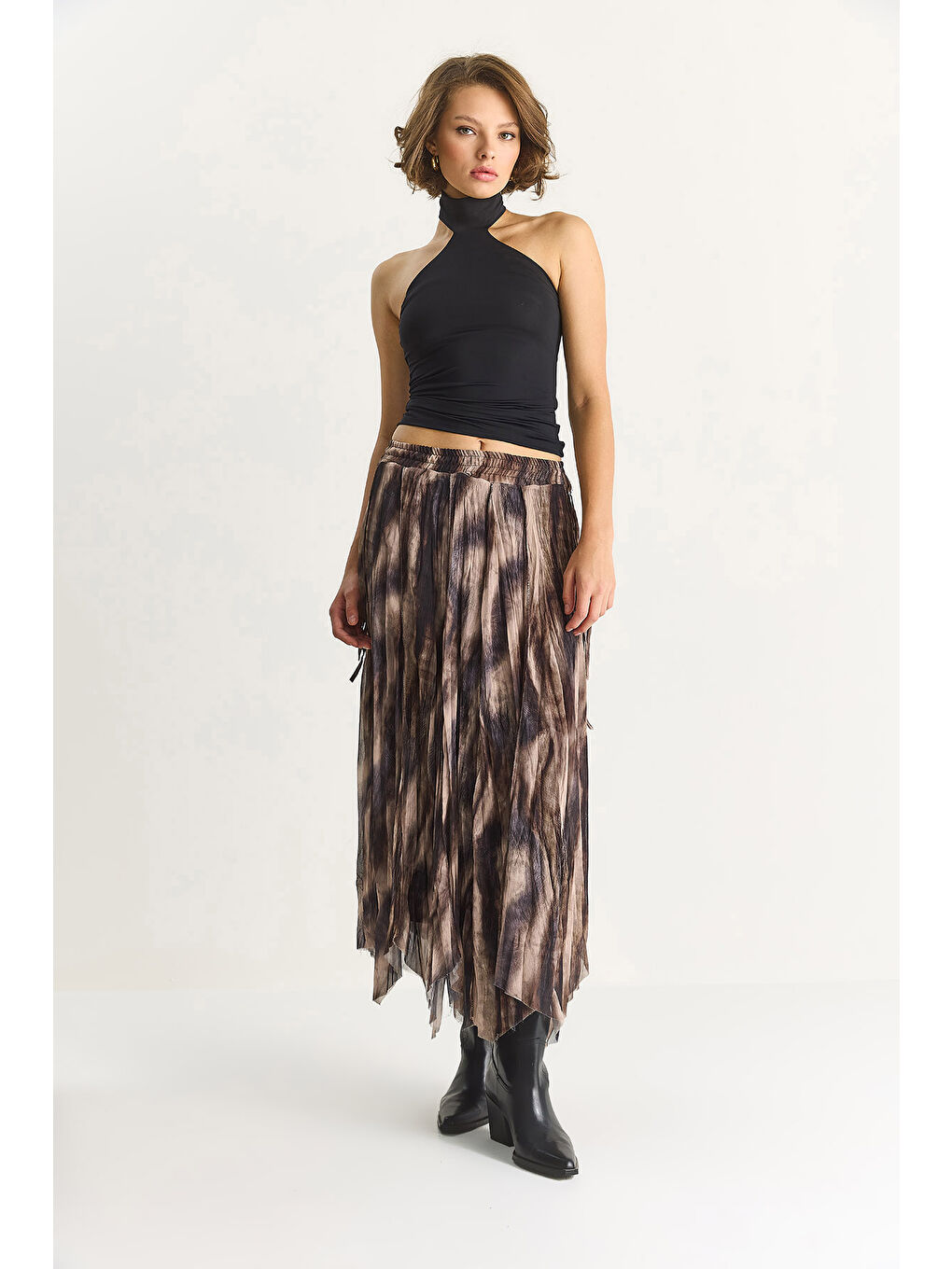 Kahverengi Kadın Desenli Asimetrik Kesim Astarlı Şifon Bohem Etek DE-1