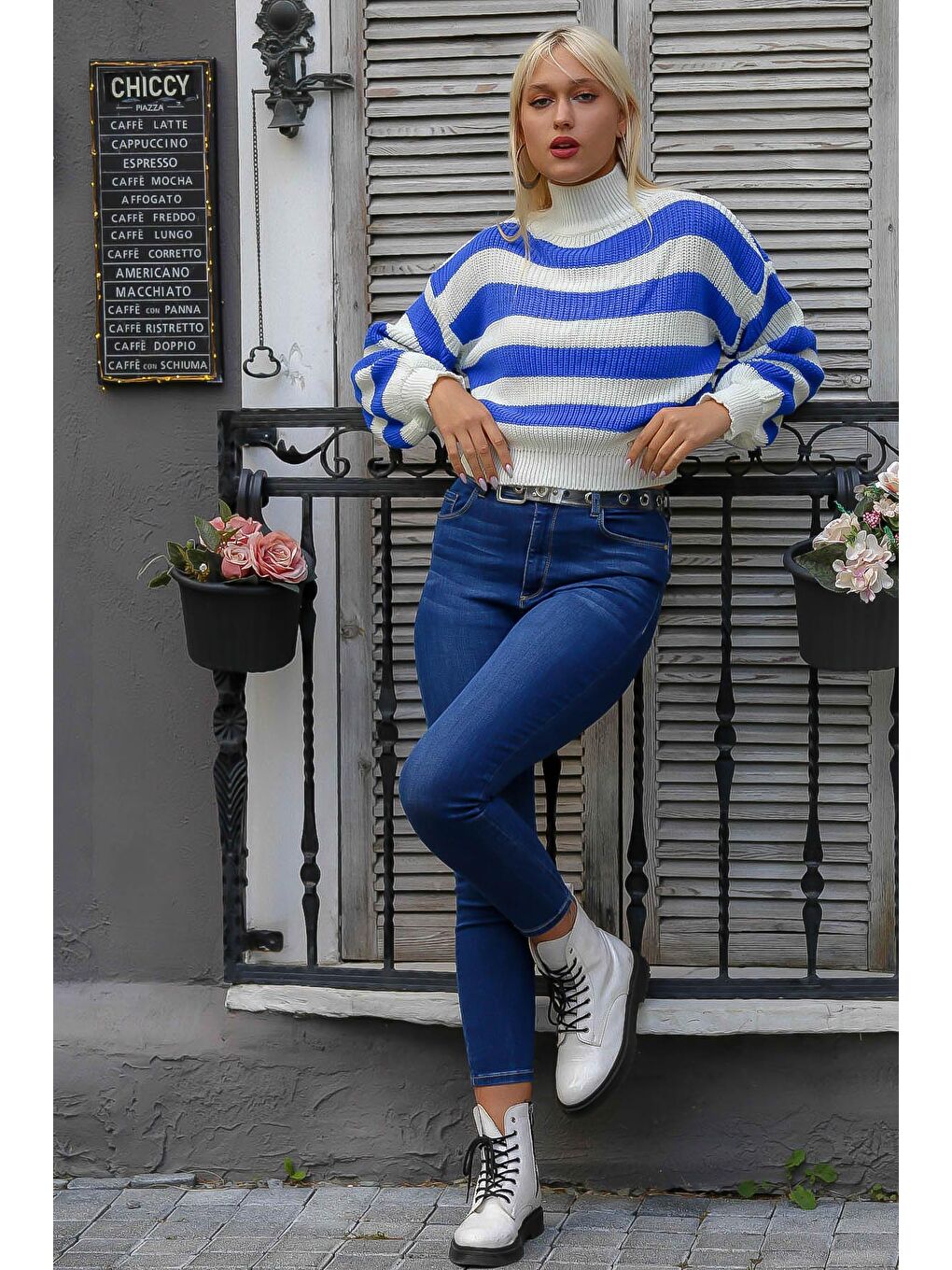 Kadın Gece Mavisi Yarım Balıkçı Yaka Uzun Kol Çizgili Crop Regular Fit Casual Akrilik Triko Kazak-2