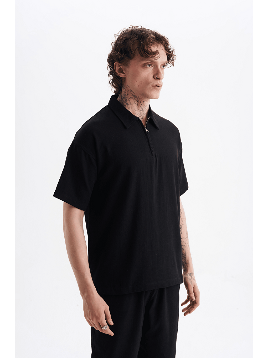 Erkek %100 Pamuklu Keten Görünümlü Pantolon Tshirt Takım Siyah-1