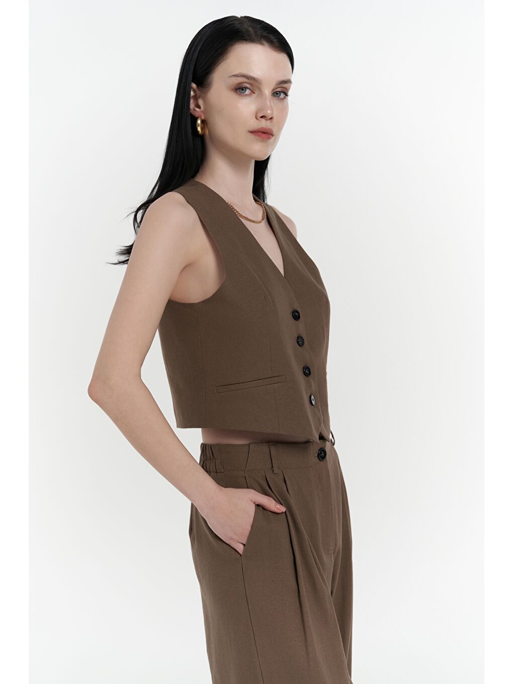 Kahverengi Anka Keten Kahve Yelek Pantolon Takım-1