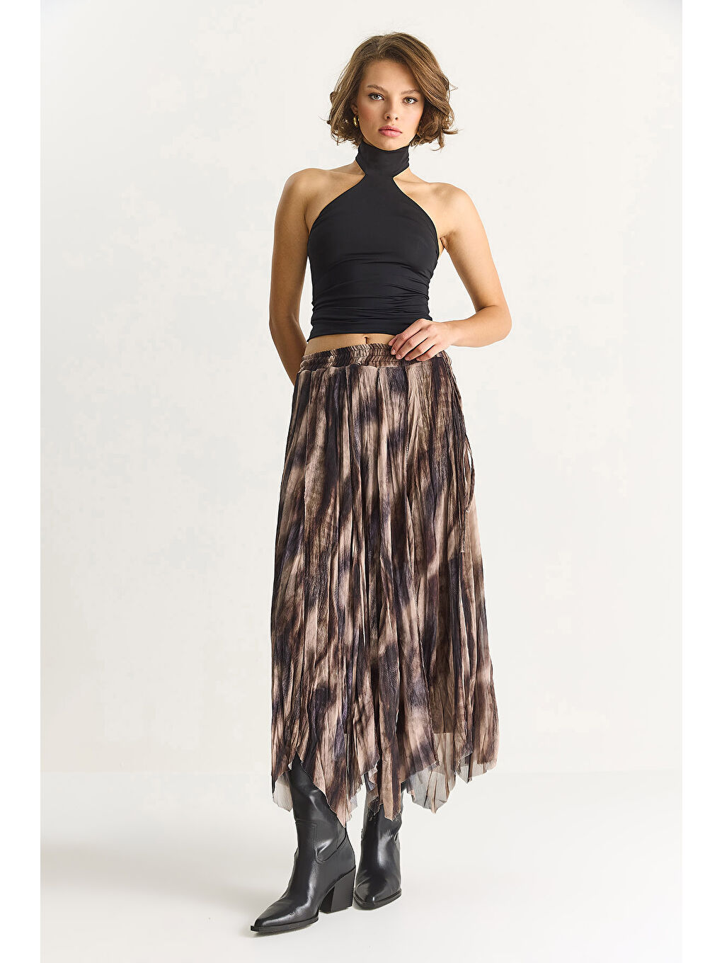 Kahverengi Kadın Desenli Asimetrik Kesim Astarlı Şifon Bohem Etek DE-2