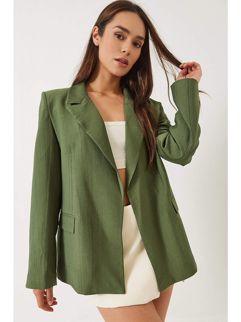 Yeşil Kadın Vatkalı Astarı Çizgili Çilek Kumaş Blazer Ceket