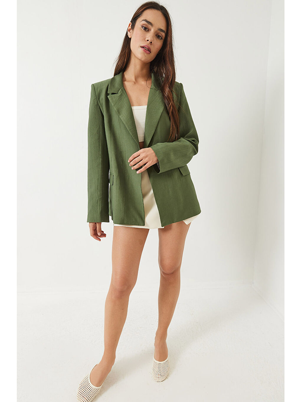 Yeşil Kadın Vatkalı Astarı Çizgili Çilek Kumaş Blazer Ceket-1