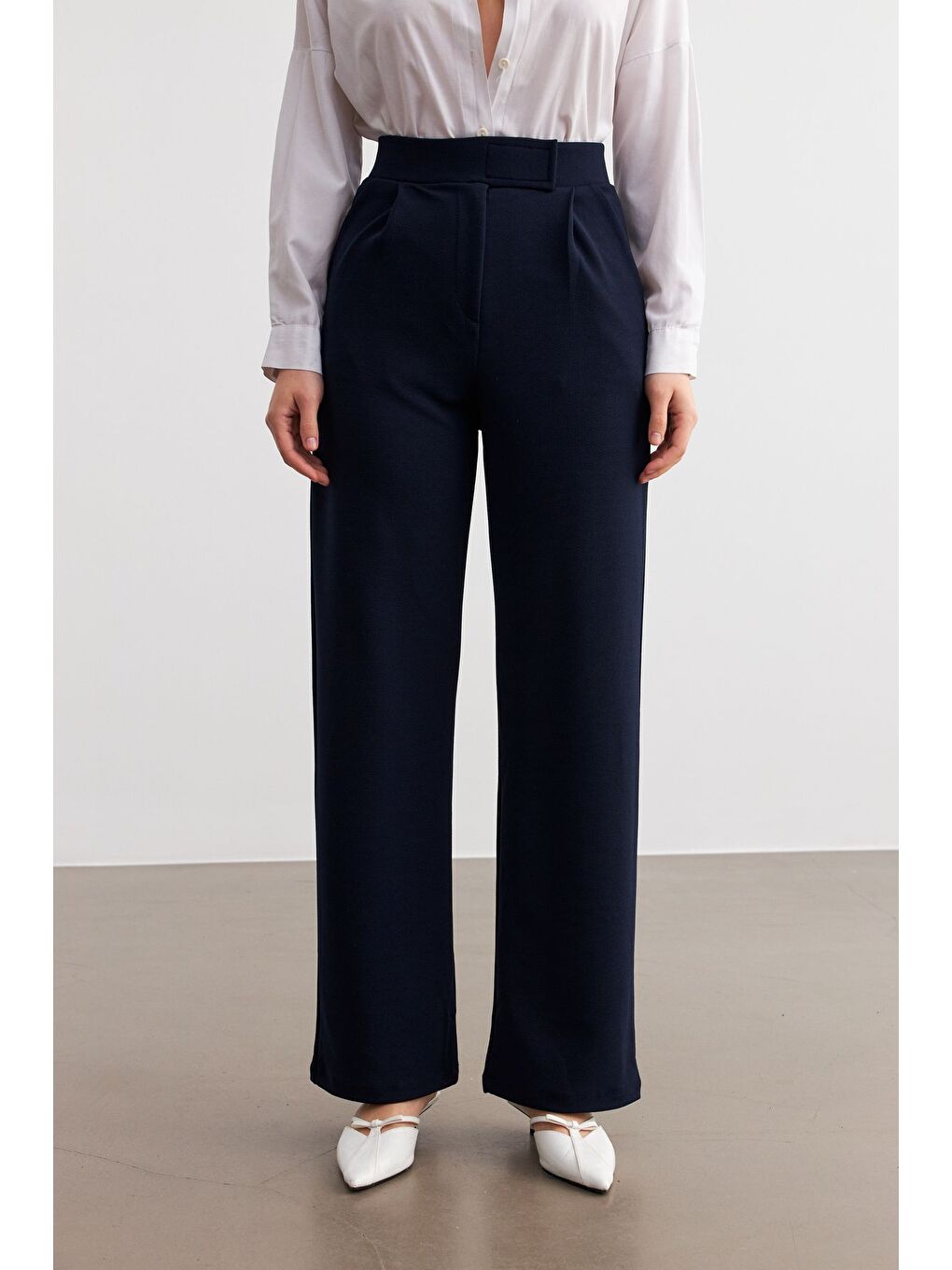 Kadın Lacivert Elastanlı  Kapamalı Palazzo Pantolon