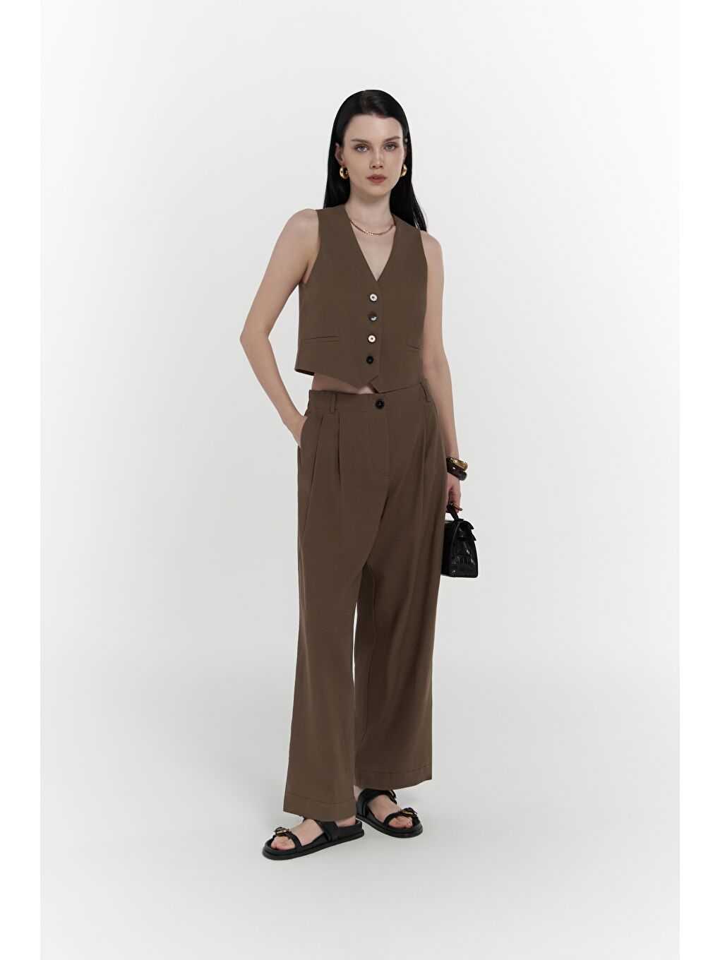 Kahverengi Anka Keten Kahve Yelek Pantolon Takım-2