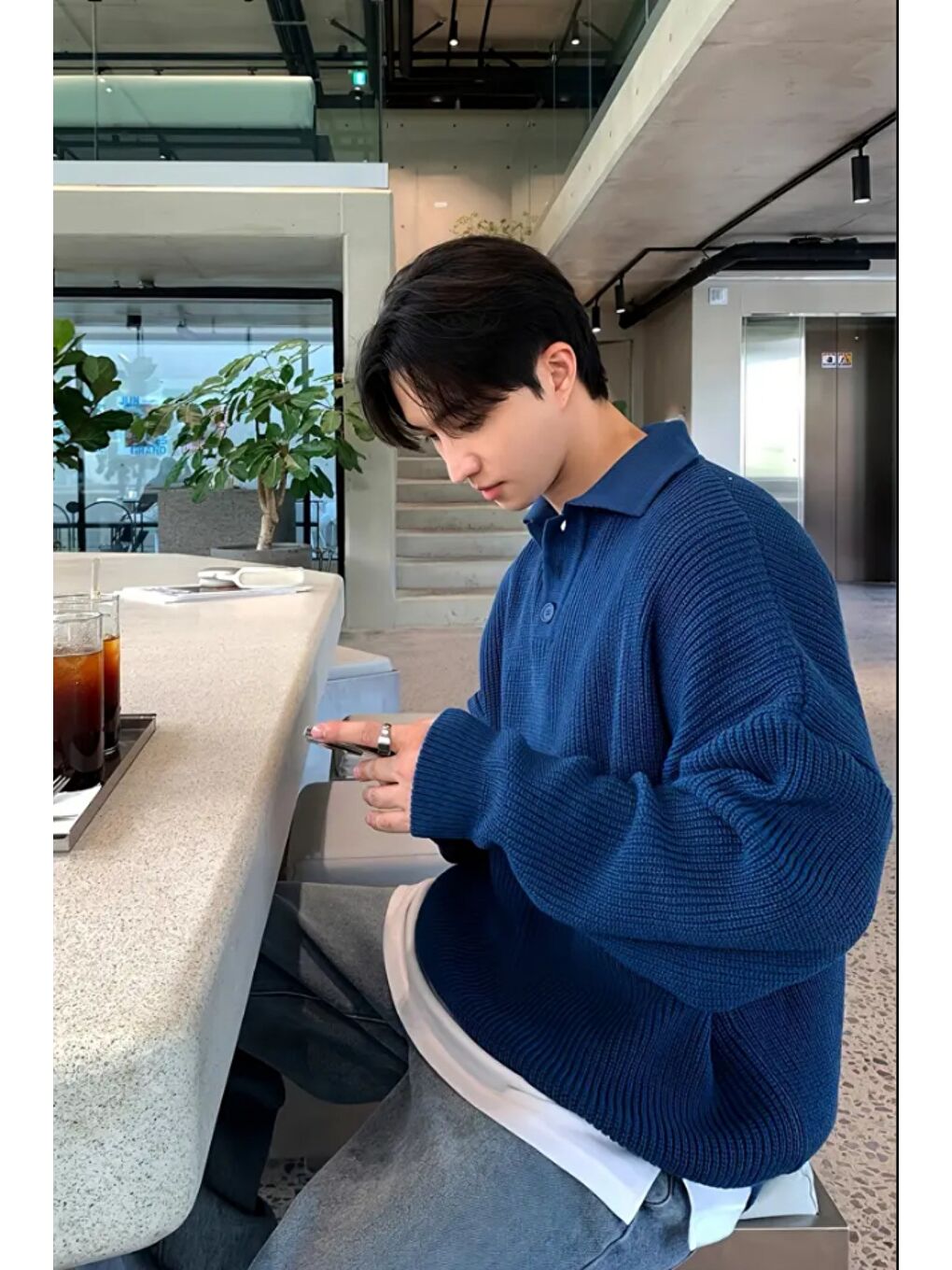 Lacivert Erkek Düğmeli Regular Polo Yaka Triko Kazak