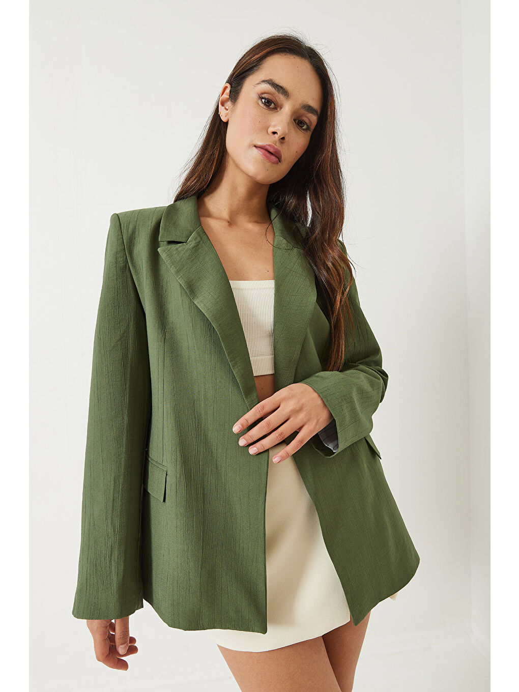 Yeşil Kadın Vatkalı Astarı Çizgili Çilek Kumaş Blazer Ceket-2