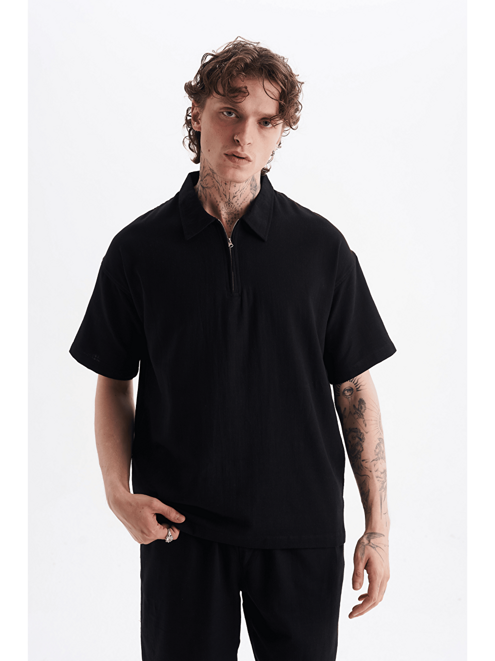 Erkek %100 Pamuklu Keten Görünümlü Pantolon Tshirt Takım Siyah-2