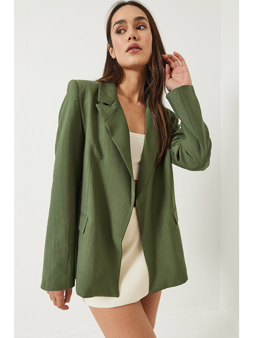 Yeşil Kadın Vatkalı Astarı Çizgili Çilek Kumaş Blazer Ceket-3