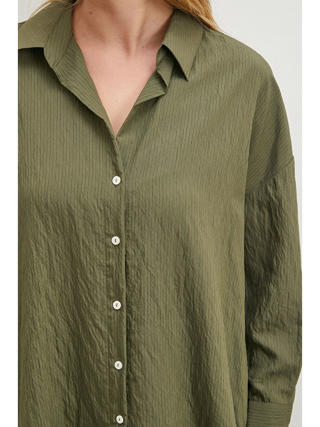 Çizgili Viskon Gömlek Haki-2