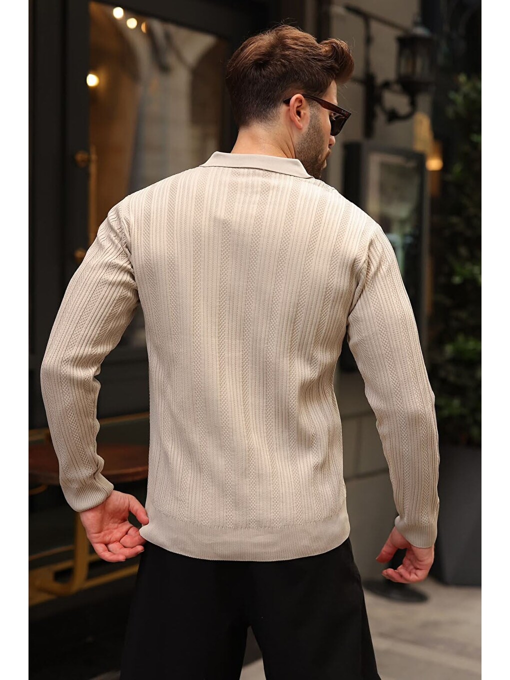 Bej Taş Rengi Polo Yaka Desenli Over Fit Erkek Triko Kazak E7517-1