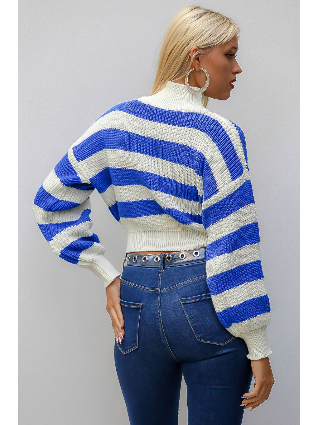 Kadın Gece Mavisi Yarım Balıkçı Yaka Uzun Kol Çizgili Crop Regular Fit Casual Akrilik Triko Kazak-5