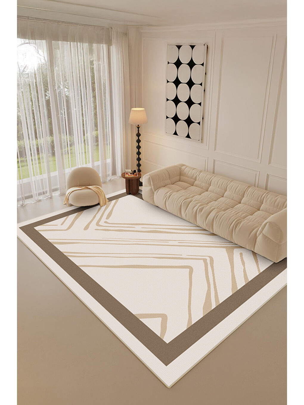 Bej Dekoratif Salon Halısı, Makinada Yıkanabilir, Kaymaz Taban, İnce & Modern Tasarım-1