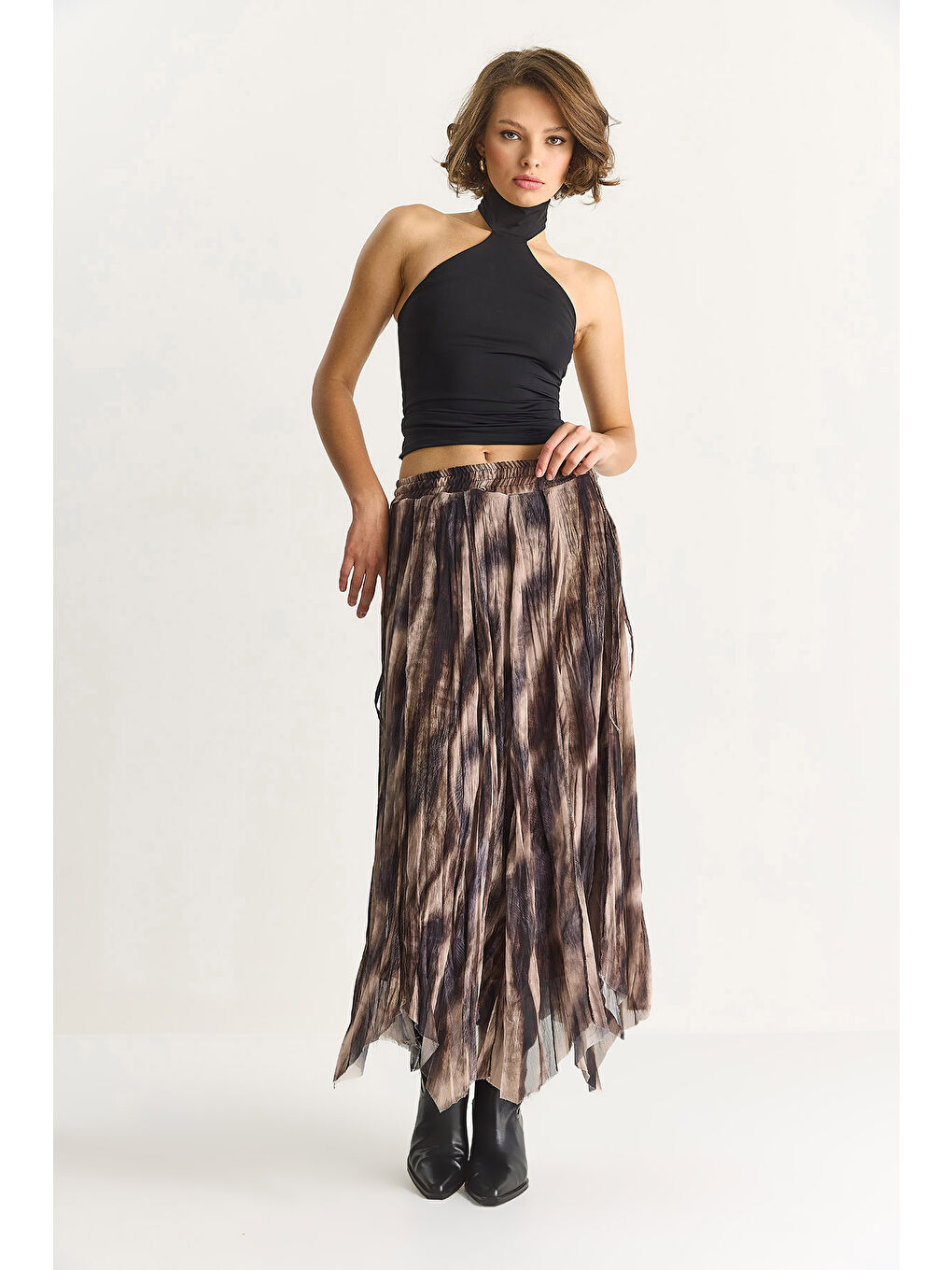 Kahverengi Kadın Desenli Asimetrik Kesim Astarlı Şifon Bohem Etek DE-3