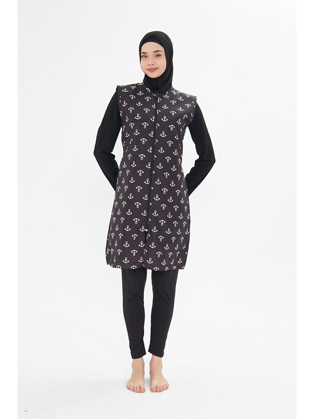 Tam Kapalı Yelekli Desenli Paraşüt Kumaş Tesettür Mayo Siyah 3473-S