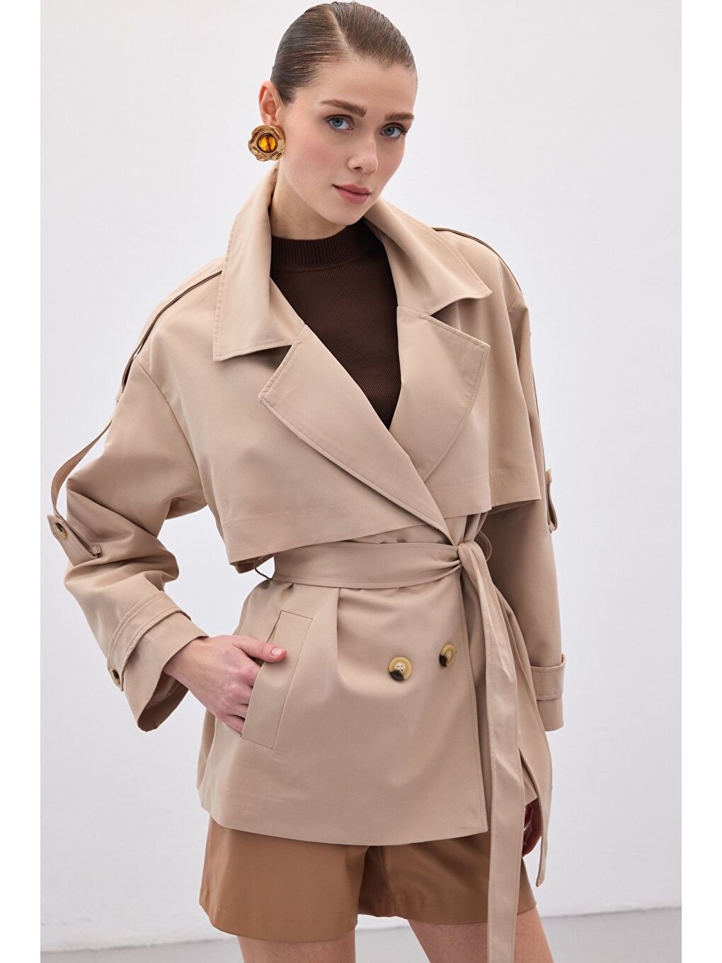 Kısa Trençkot - Bej-6