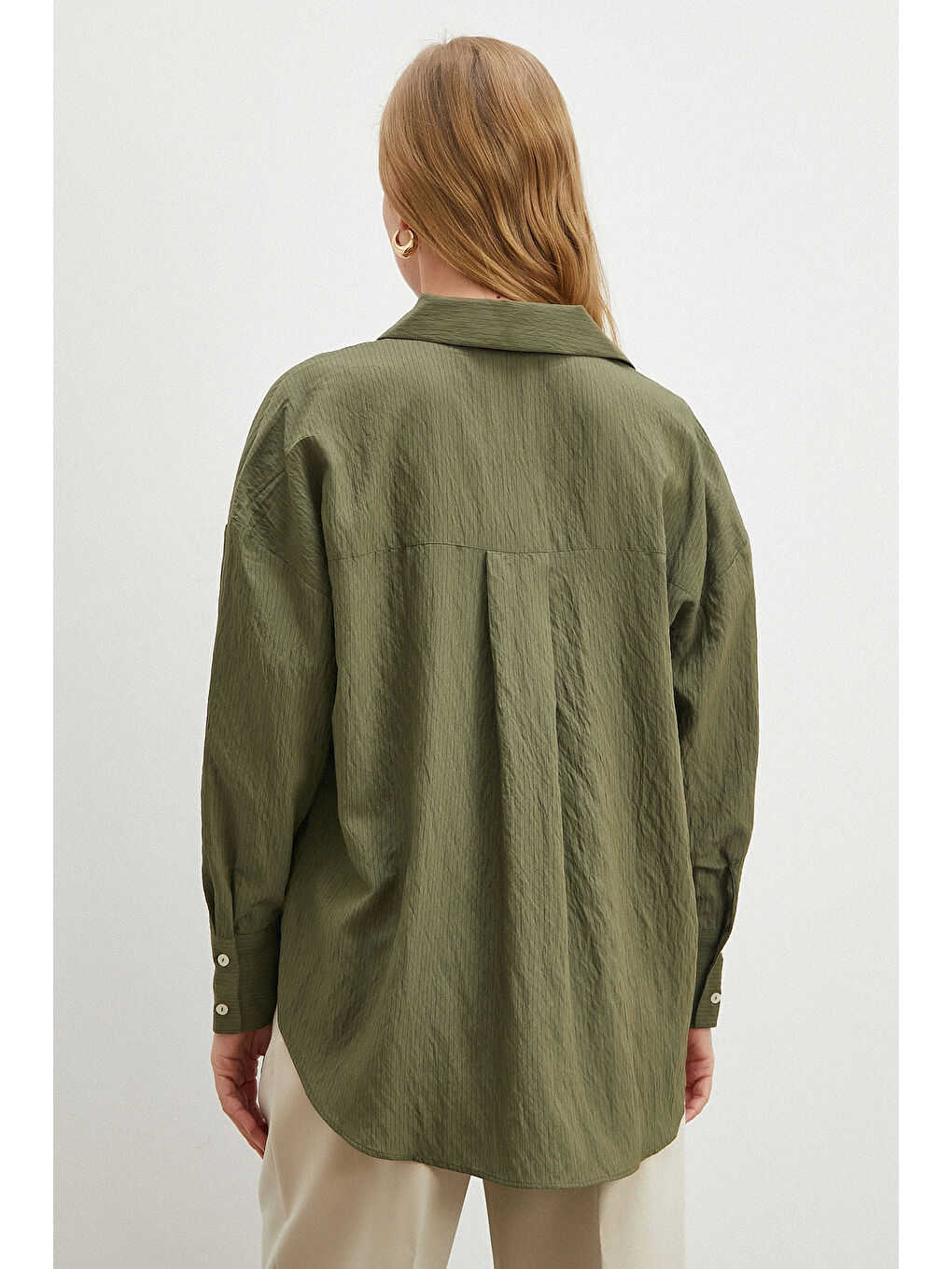 Çizgili Viskon Gömlek Haki-3