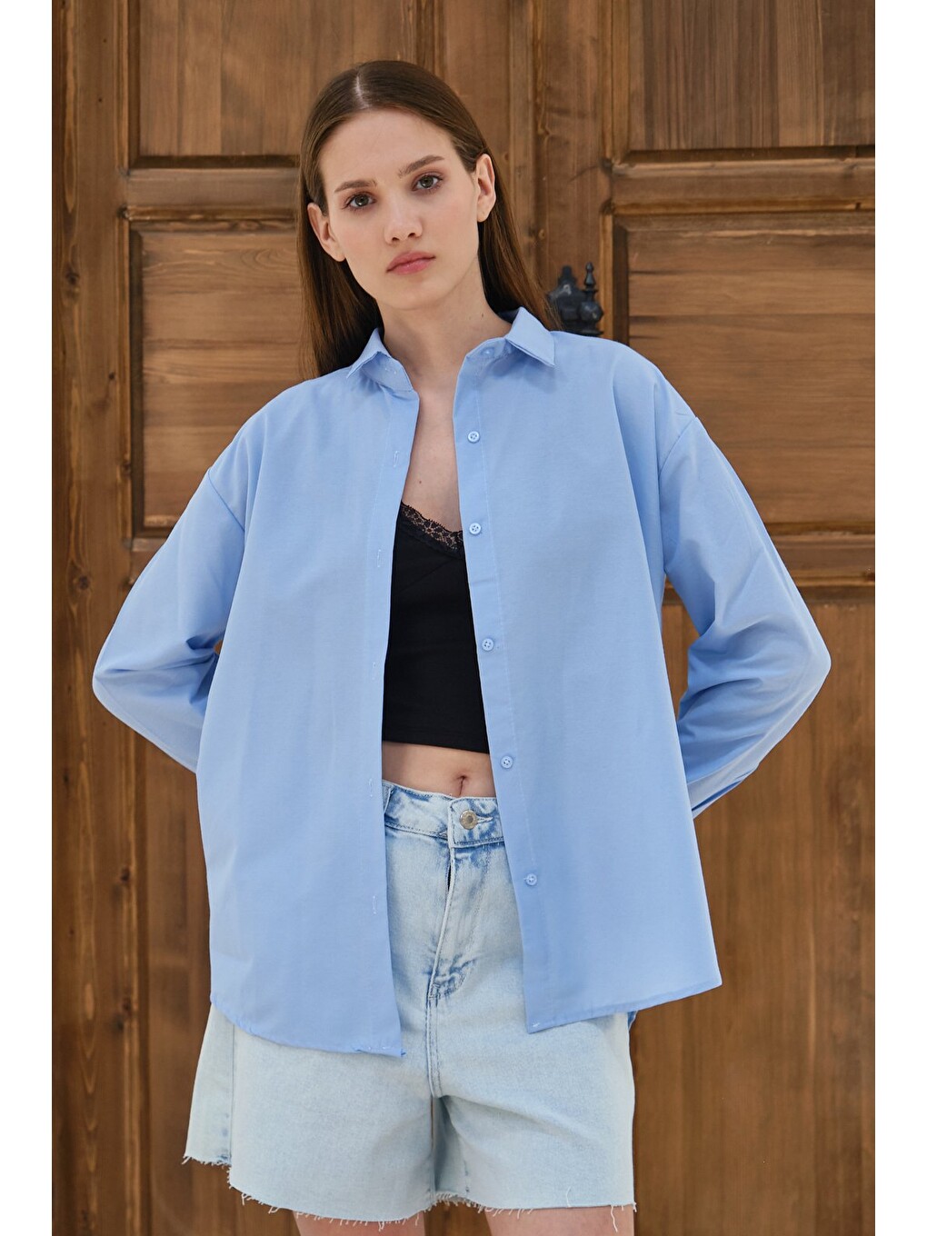 Mavi Kadın Oversize Gömlek Uzun Kollu Düğmeli Salaş Günlük Basic Gömlek