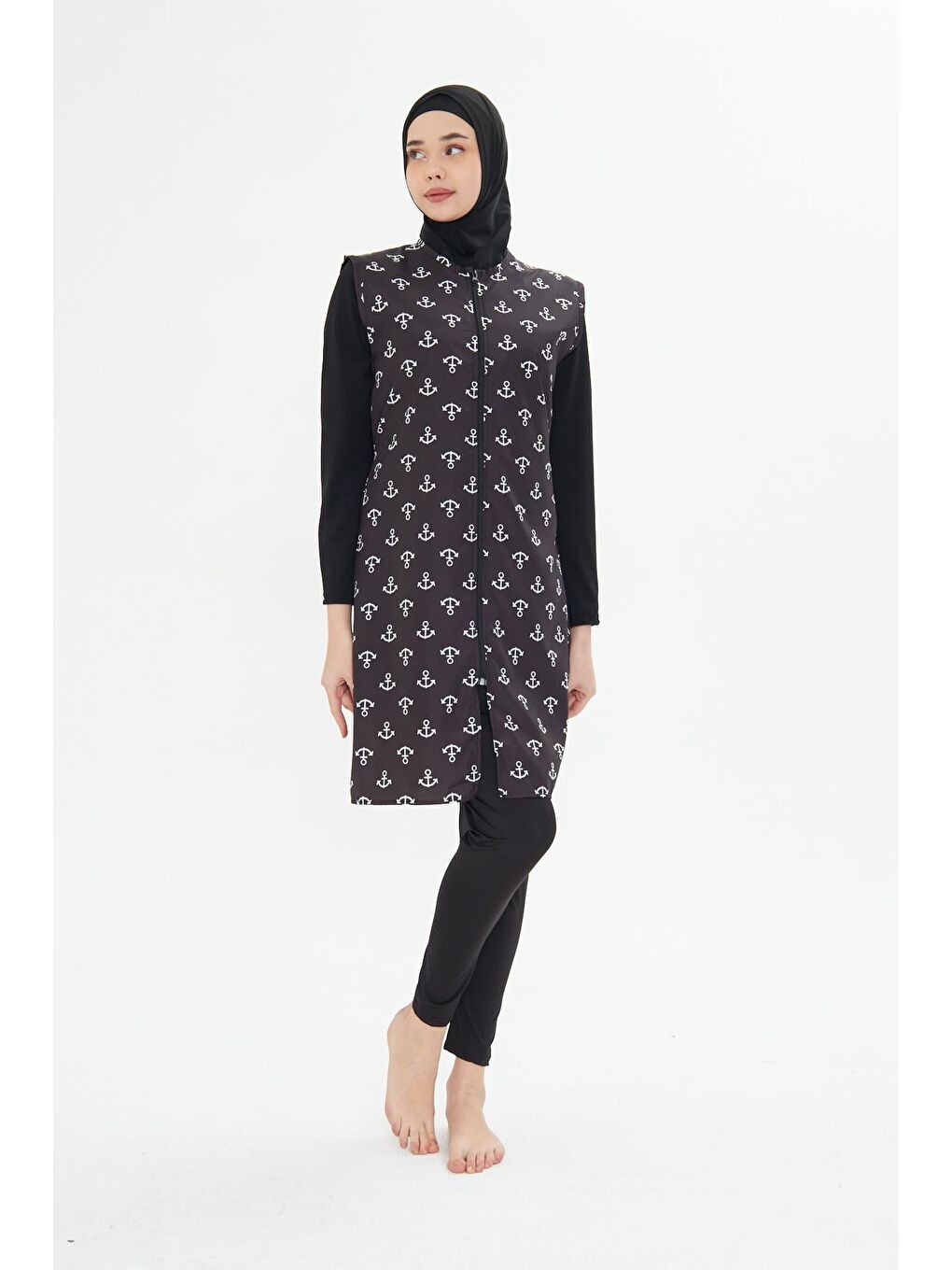 Tam Kapalı Yelekli Desenli Paraşüt Kumaş Tesettür Mayo Siyah 3473-S-1