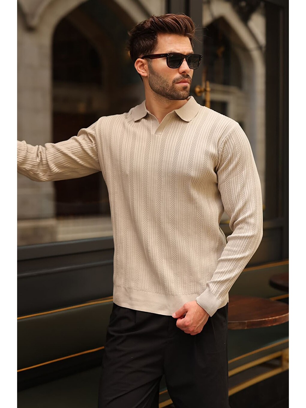 Bej Taş Rengi Polo Yaka Desenli Over Fit Erkek Triko Kazak E7517-4