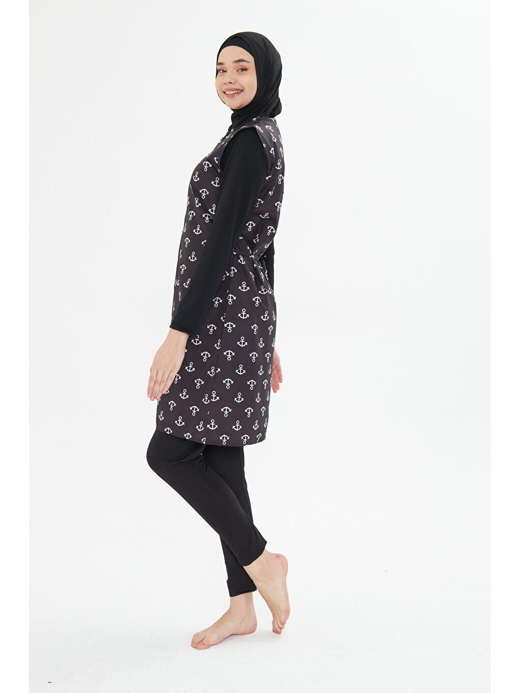 Tam Kapalı Yelekli Desenli Paraşüt Kumaş Tesettür Mayo Siyah 3473-S-2