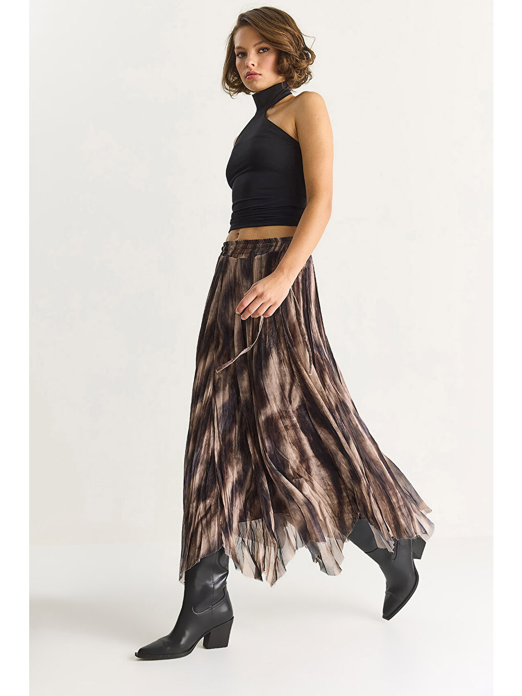 Kahverengi Kadın Desenli Asimetrik Kesim Astarlı Şifon Bohem Etek DE-4