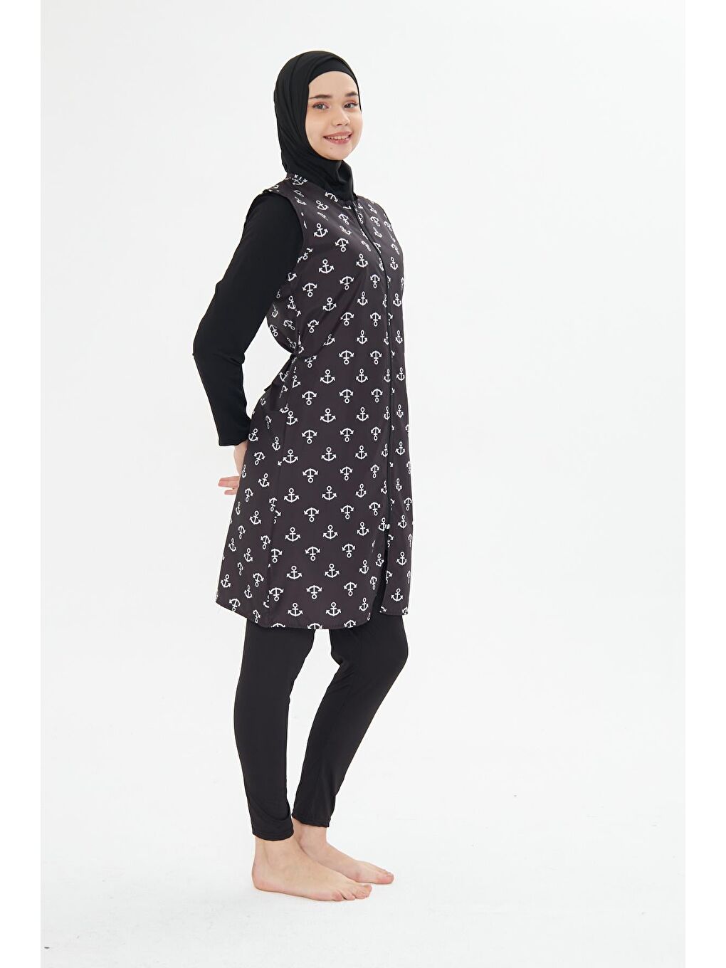Tam Kapalı Yelekli Desenli Paraşüt Kumaş Tesettür Mayo Siyah 3473-S-3