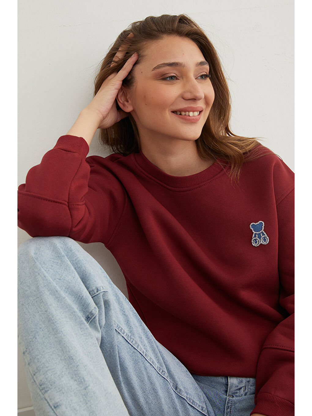 Bordo 3 İplik Taş İşlemeli Ayıcık Nakışlı Sweatshirt