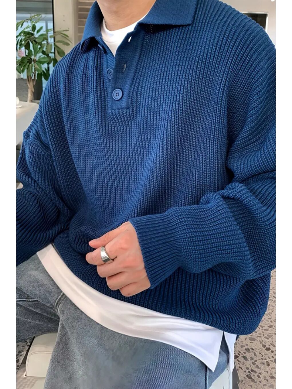 Lacivert Erkek Düğmeli Regular Polo Yaka Triko Kazak-1