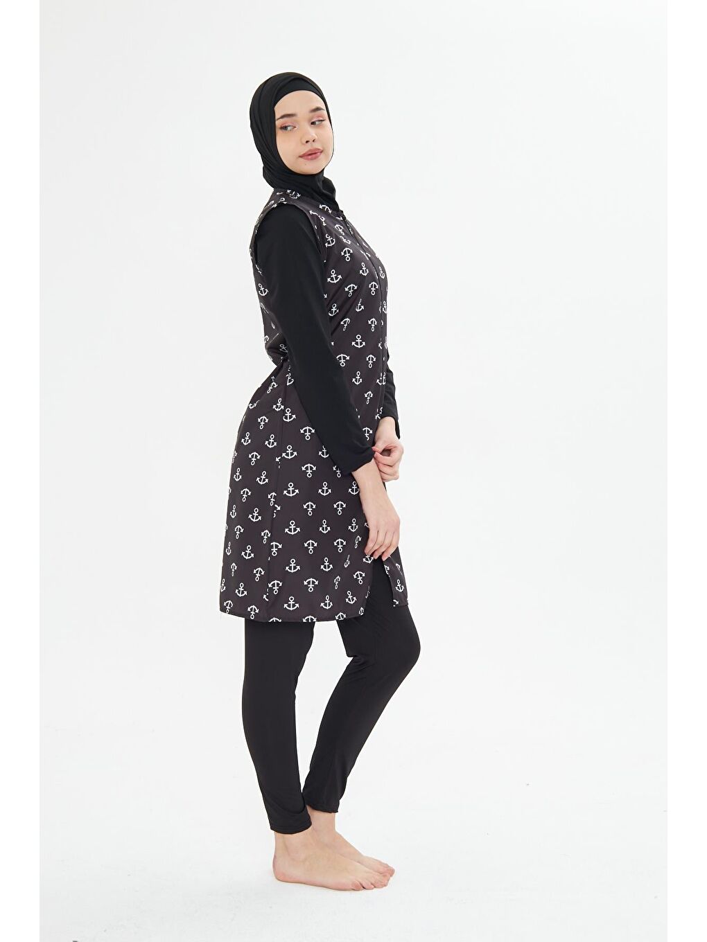 Tam Kapalı Yelekli Desenli Paraşüt Kumaş Tesettür Mayo Siyah 3473-S-4