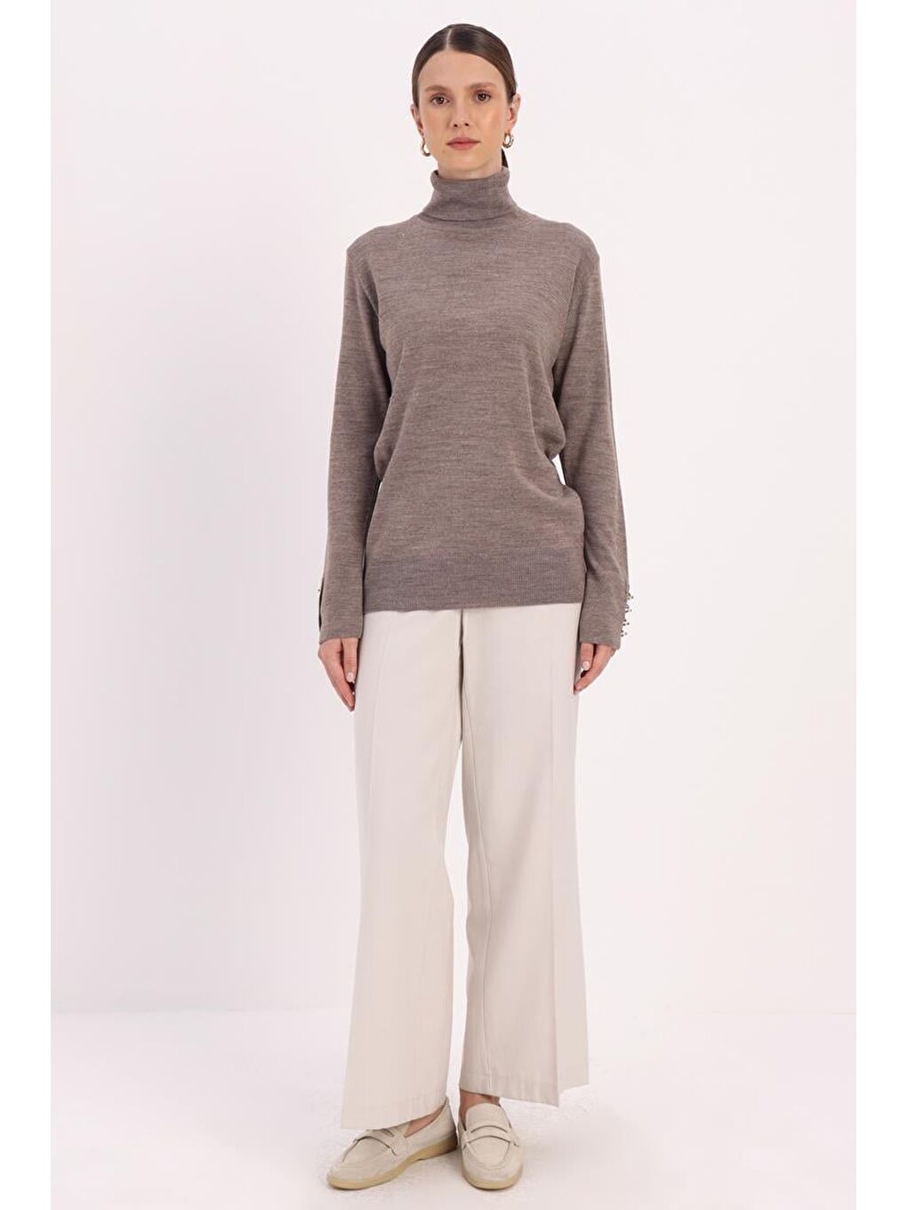 Bej Vizon-Kolları Düğmeli Kazak-1