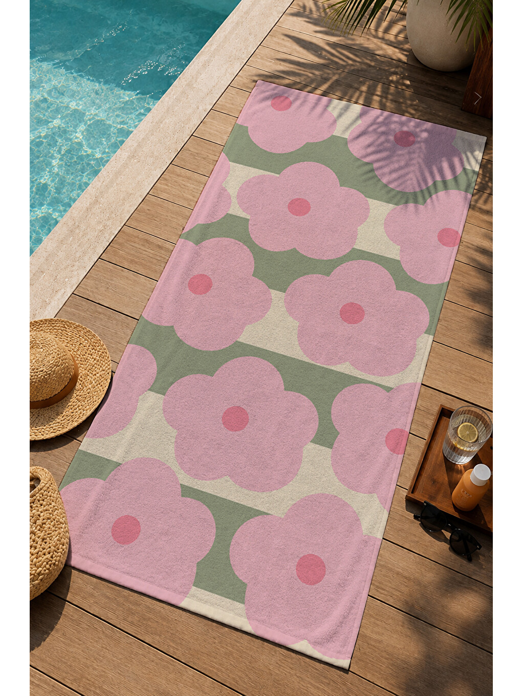 Pembe Yeşil Retro Büyük Çiçek Desenli 70x150 Cm Dijital Baskılı Plaj Ve Banyo Havlusu-2
