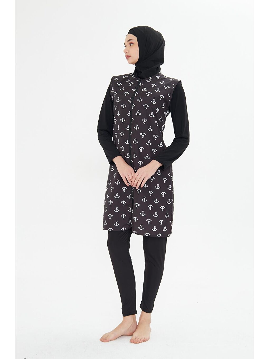 Tam Kapalı Yelekli Desenli Paraşüt Kumaş Tesettür Mayo Siyah 3473-S-5