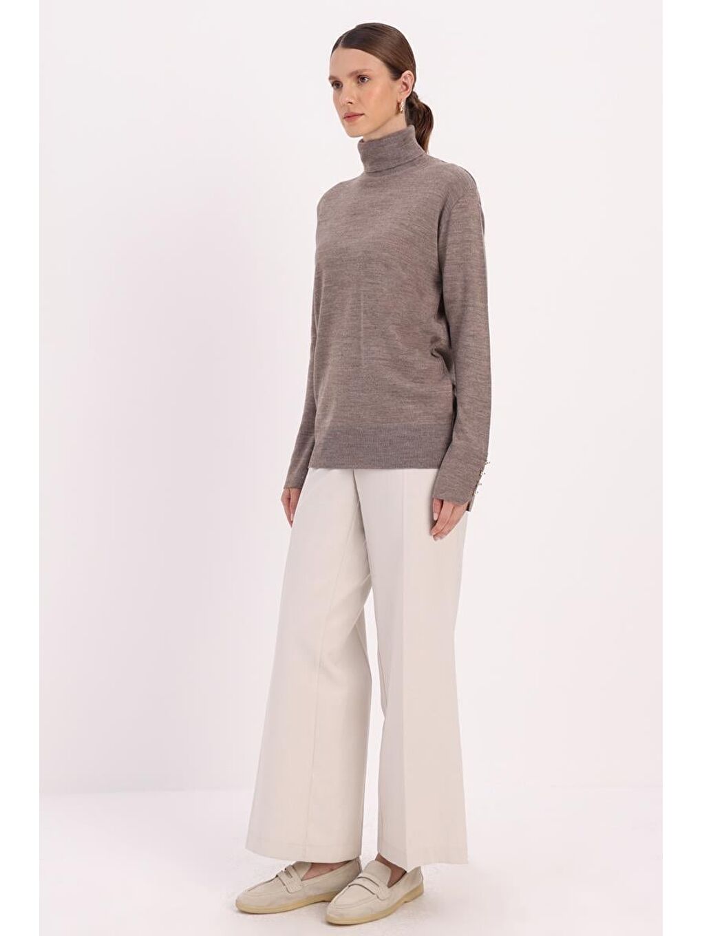 Bej Vizon-Kolları Düğmeli Kazak-2