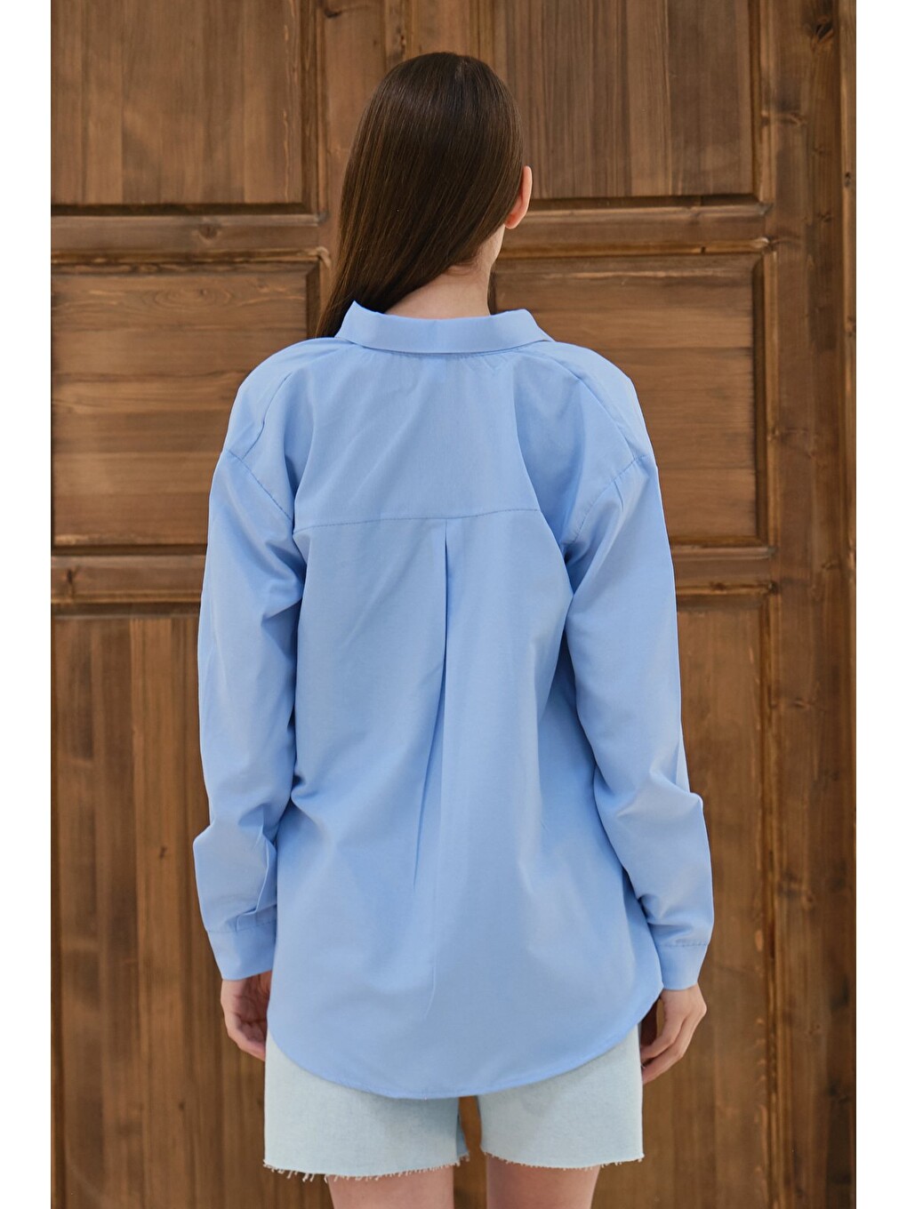 Mavi Kadın Oversize Gömlek Uzun Kollu Düğmeli Salaş Günlük Basic Gömlek-3