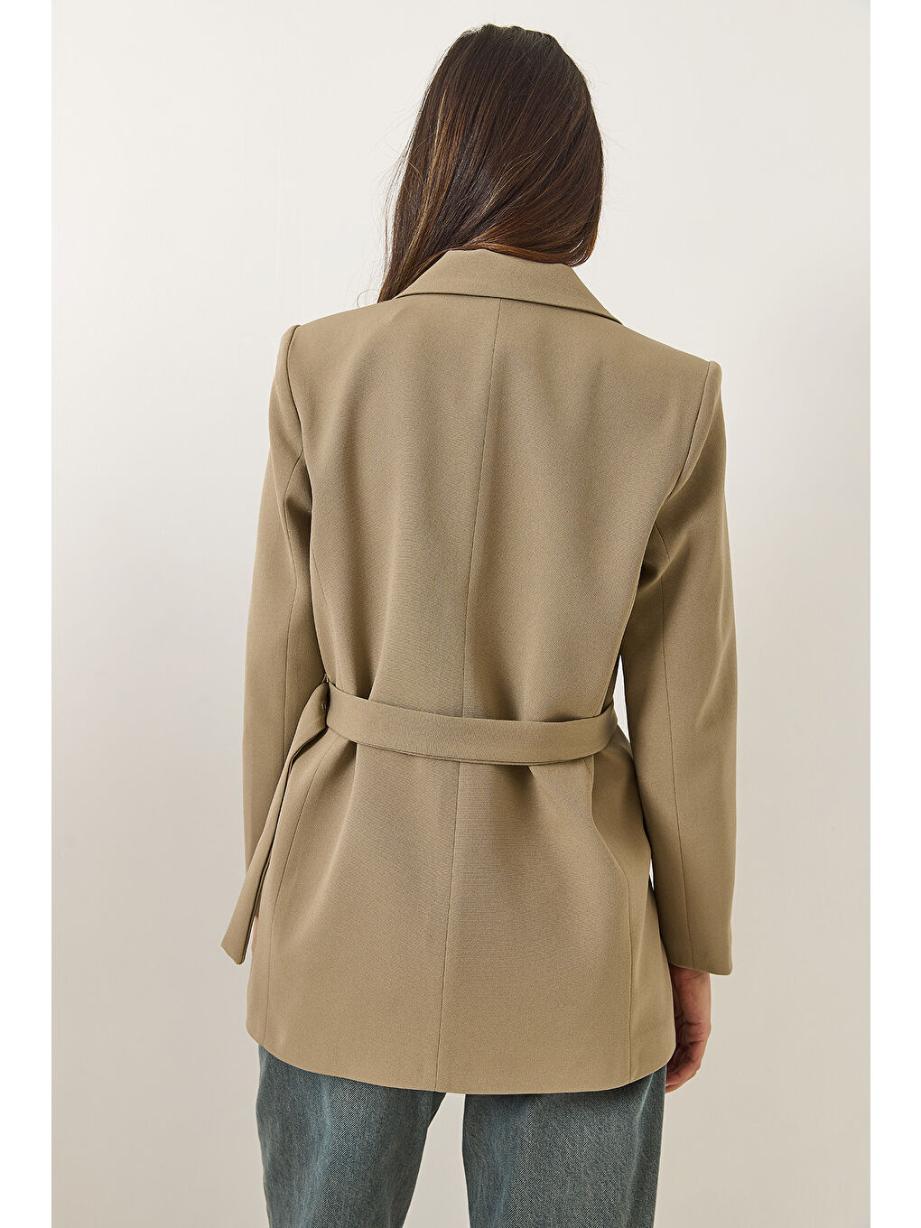 Bej Kadın Kemer Detaylı Astarlı Blazer Ceket-5