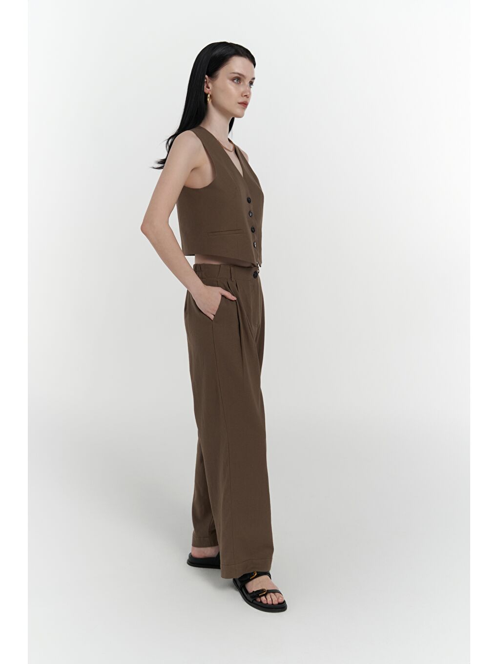 Kahverengi Anka Keten Kahve Yelek Pantolon Takım-5