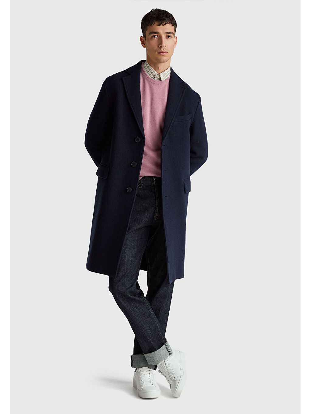 Erkek Koyu Pembe %100 Merino Bisiklet Yaka Kazak-4