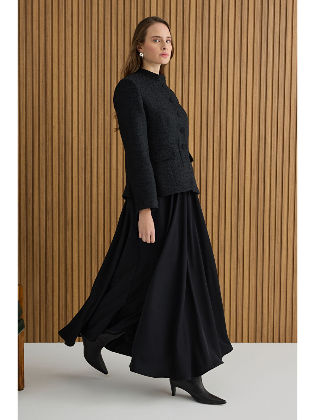 Siyah Tweed Ceket Görünümlü Crep Etekli Elbise-1