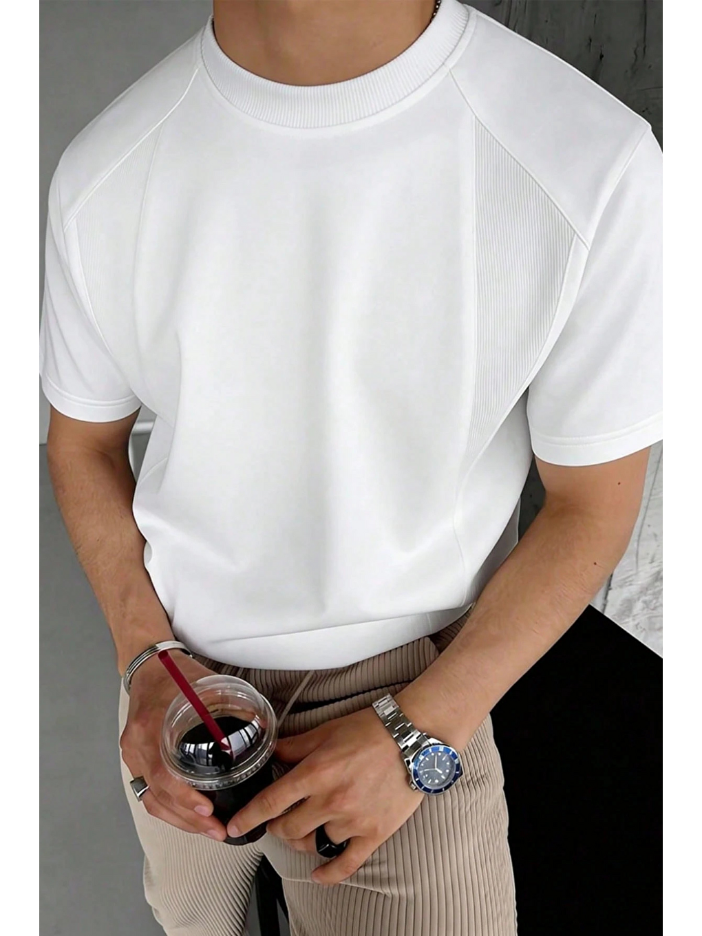 Beyaz Erkek Tişört Basic Bisiklet Yaka Tişört Rahat Kesim Dökümlü Günlük Spor Tshirt